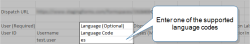 Bulk Dispatch CSV file that shows "Language (Optional)", "Language Code", and "es" entered as the code.