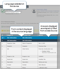 Form submission details in the Web Portal, which shows the language selected on the device (Spanish), the form content displayed in the source language (English), and the answers displayed as entered or filled by a Data Source (English, in this example).