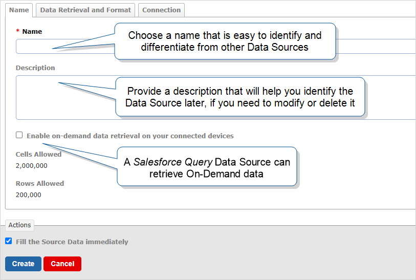 Name tab showing instructions to choose an easy to identify name and description for the Data Source.