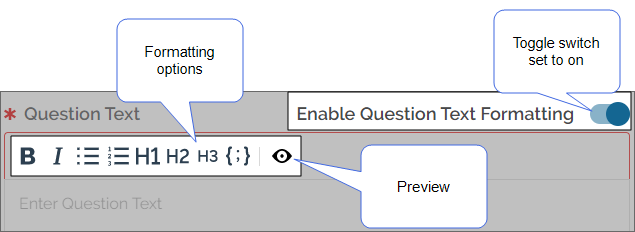 The question text formatting editor, showing bold, italic, bulleted list, numbered list, heading one through three, preformatted, and preview options