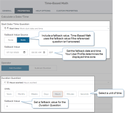 Time-Based Math properties tab that shows the settings for fallback values and time units. Time-Based Math uses the fallback value if the referenced question isn't answered.