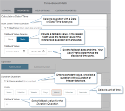 Time-Based Math properties tab that shows the settings for fallback values and time units. Time-Based Math uses the fallback value if the referenced question isn't answered.