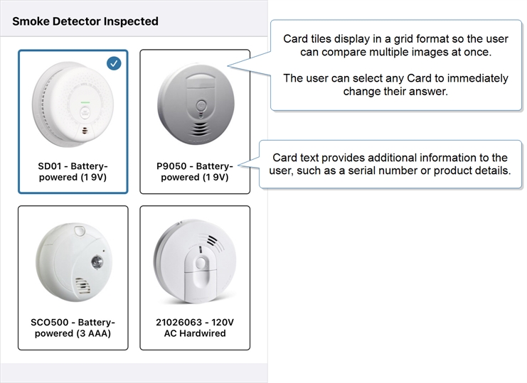 A sample Card List question in the iOS app with six options. The selected option has a blue outline and a checkmark in the top right corner of the Card.