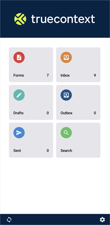 The default home page of the Android app displays six tiles: Forms, Inbox, Drafts, Outbox, Sent, and Search.