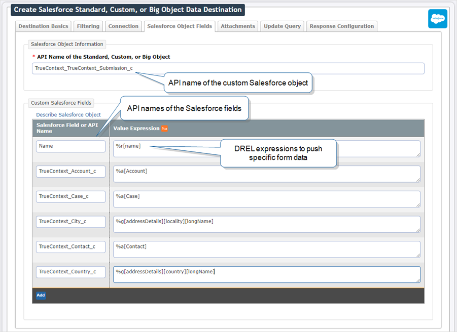 Shows the Salesforce Object Fields configuration example that maps form data to multiple fields.