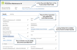 A TrueContext Submission record. The record shows a link to the submitted form in the TrueContext Web Portal, Related files that include a PDF document with a report of the submitted form, fields populated with details about the submitted form, and Lookup fields that link to related Account, Case, and Contact records.