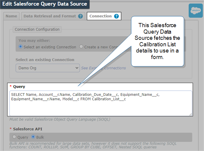 Salesforce Query Data Source, Connection tab, with Query details to get Calibration List information to use in a form