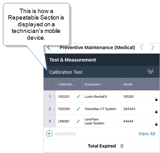 Example of a Repeatable Section on a technician's mobile device. The section shows three rows, each with a calibration ID, equipment, and model number