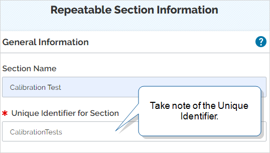 Repeatable Section Information that shows the Unique Identifier