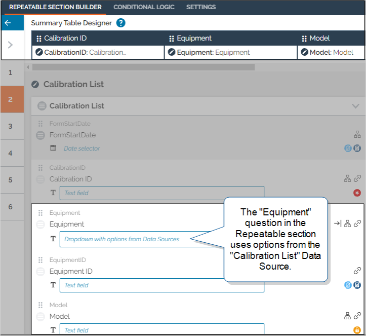 Repeatable Section Builder example that shows the Summary Table with Calibration ID, Equipment, and Model columns. The "Equipment" question uses options from the "Calibration List" Data Source.