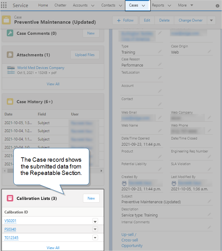 Example that shows a Case record in Salesforce updated with a list of calibration tests from the Repeatable Section data