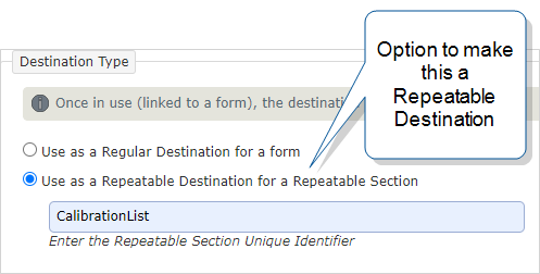Destination Basics tab, with option to "Use as a Repeatable Destination for a Repeatable Section" selected