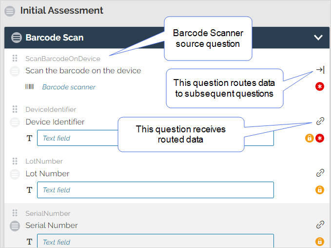 Barcode scanner question configured with a router property, routes data to three subsequent questions (Device Identifier, Lot Number, and Serial Number)