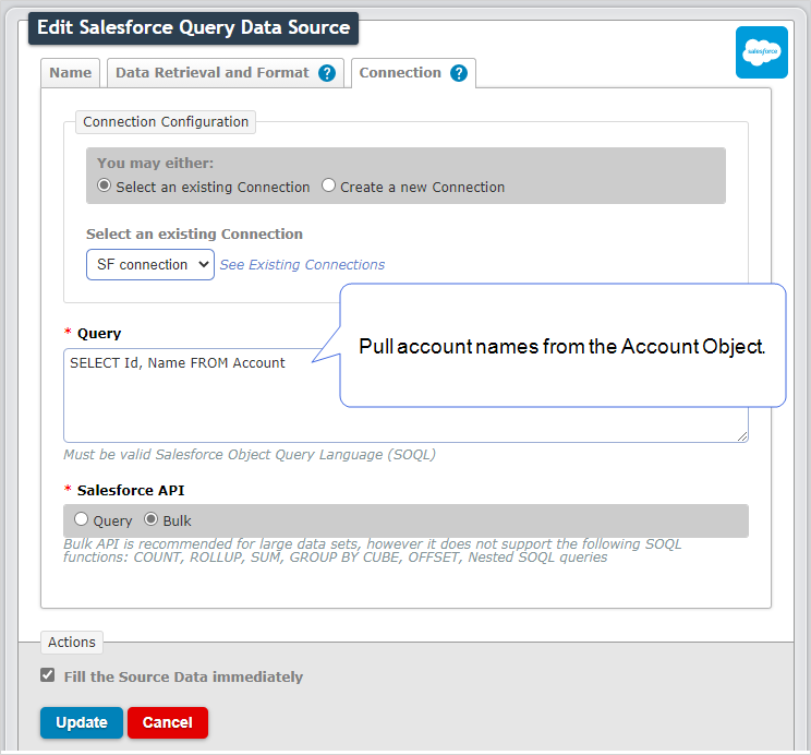 Shows a Salesforce Query Data Source configured to pull account names from the Account Object.