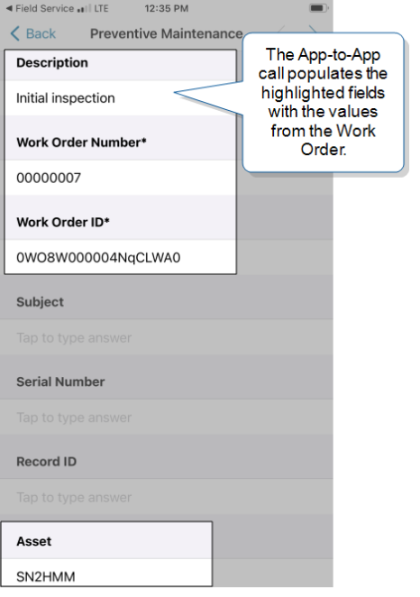 Preventive Maintenance form that shows the Description, Work Order Number, Work Order ID, and Asset fields prepopulated with values from the Work Order.