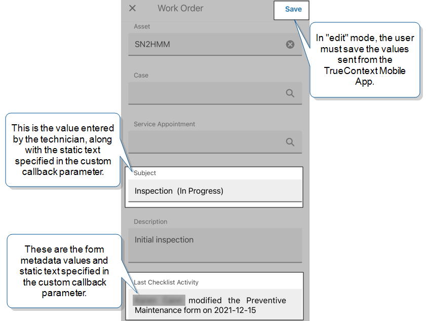 Work order updated with Subject="Inspection" and Last Checklist Activity="User Name modified the Preventive Maintenance form on 2021-12-15. These are the values either entered by the technician or the metadata values from the submitted form.