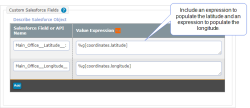 Include the Geo location DREL expressions for latitude and longitude under the Value Expression column.