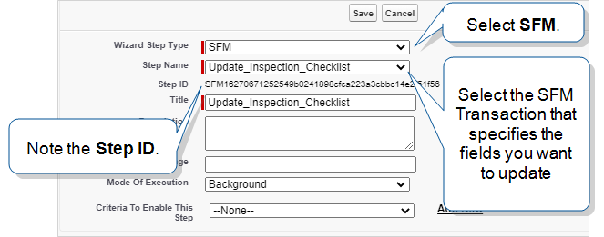 Example of an SFM wizard step that shows the Step ID