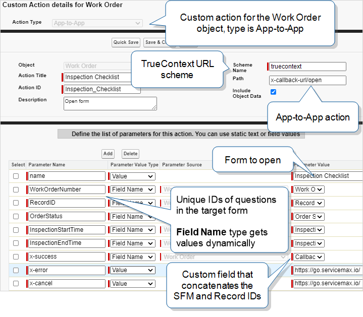 Shows the Custom Action configured as App-to-App, with the URL scheme "prontoforms", the action x-callback-URL/open. The parameters include a combination of field names and static values.