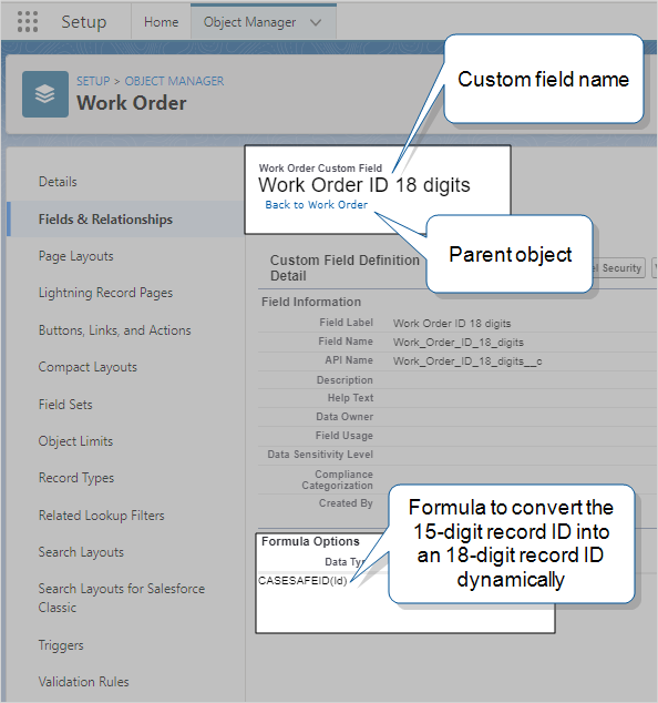 Shows the formula field with the formula CASESAFEID(Id) to convert the record ID to 18 digits dynamically