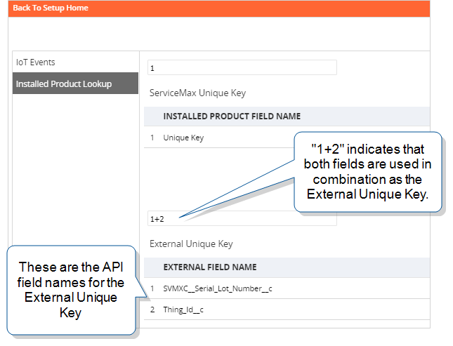 IoT Setup page, Installed Product Lookup tab that shows "1+2" , which indicates that two fields are used as the External Unique Identifier. This also shows the API field names "SVMXC__Serial_Lot_Number__c" and "Thing_Id__c.