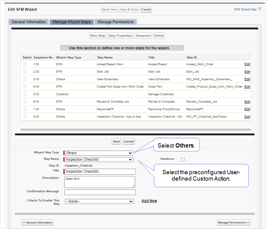 Shows how to select the Others Wizard Step Type and how to add the preconfigured user-defined custom action as a step in the wizard.