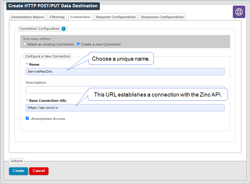 Shows how to configure the connection for an HTTP POST/PUT Data Destination