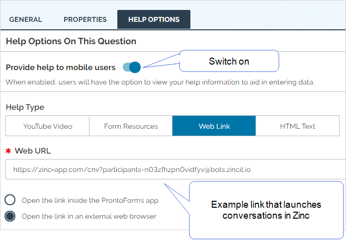 Shows how to configure a help link that launches a Zinc conversation