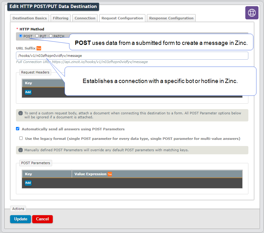 Shows Request Configuration for an HTTP POST/PUT Data Destination