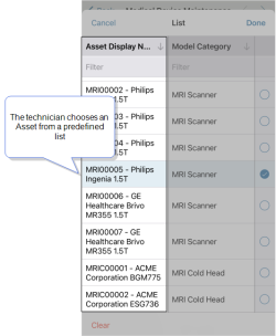 Form open in the ProntoForms Mobile app. A user chooses an option from a list of Medical Device assets predefined in a Dropdown question. The user selects "MRI000005 - Philips Ingenia 1.5T".