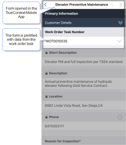 Elevator Preventive Maintenance form open in ProntoForms. The form includes data from the work order task record in ServiceNow.