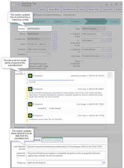 Work order task record updated by a Data Destination. The record now includes data from the submitted form.