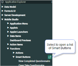 ServiceNow Studio view that shows the navigation to Mobile Studio, Functions, Smart Buttons. You select the popup icon to open a list of Smart Buttons