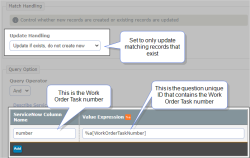 Example of an Update Query configuration. The system searches for a Work Order Task record with a matching number.