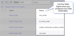 List of Tables in ServiceNow. The Name column displays the Table Name you need when you configure your ServiceNow Table Data Destination. In this example, the Table Name is wm_order.