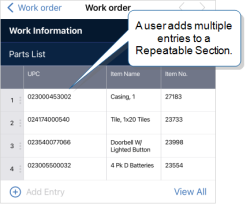 Repeatable section in the ProntoForms Mobile App with a list of parts.