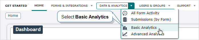 The Data & Analytics menu with Basic Analytics highlighted.