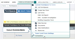 The Forms & Integrations menu with Connections highlighted.