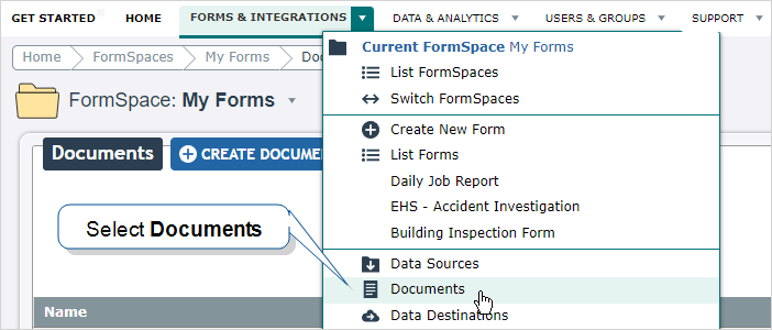 The Forms & Integrations menu with Documents highlighted.