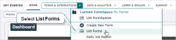 The Forms & Integrations menu with List Forms highlighted.