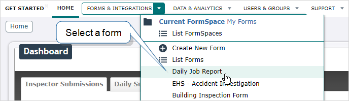 The Forms & Integrations menu with a specific form highlighted.