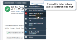 A form submission with the dropdown expanded. The cursor hovers over the option to Download a PDF.