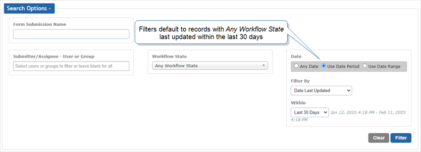 Search options to filter lists of Form Submissions. The filters are set to "Use Date Period", filter by "Date Submitted on Device", and within "Last 30 Days".