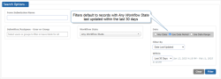 Search options to filter lists of Form Submissions. The filters are set to "Use Date Period", filter by "Date Submitted on Device", and within "Last 30 Days".