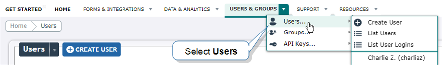 The Users & Groups menu with Users highlighted.