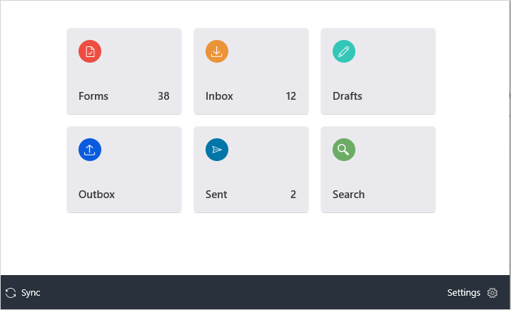The home page of the ProntoForms for Windows app that shows the tiles Forms, Inbox, Drafts, Outbox, Sent, and Search, each with numbers that indicate the number of items in each list.