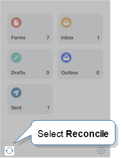 The home page of the iOS mobile app. Select the circle of arrows in the bottom left of the page to reconcile the app.