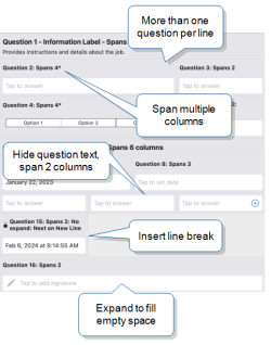 macOS view of a Regular section with a Multicolumn Layout that spans six columns. The image shows how you can set up questions to span a specific number of columns, expand to fill empty space, and always start the next question on a new line.