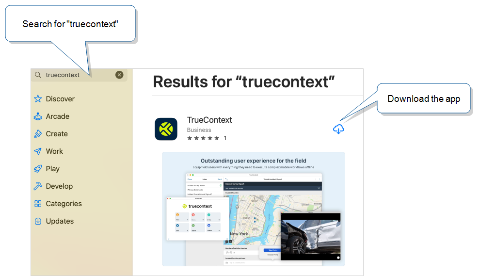 The App Store search that shows "truecontext" in the search bar and "TrueContext" in the results with a download option next to it