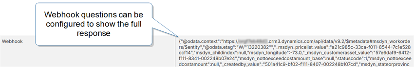 A submission record in the web portal showing a full Webhook response stored as a text answer.